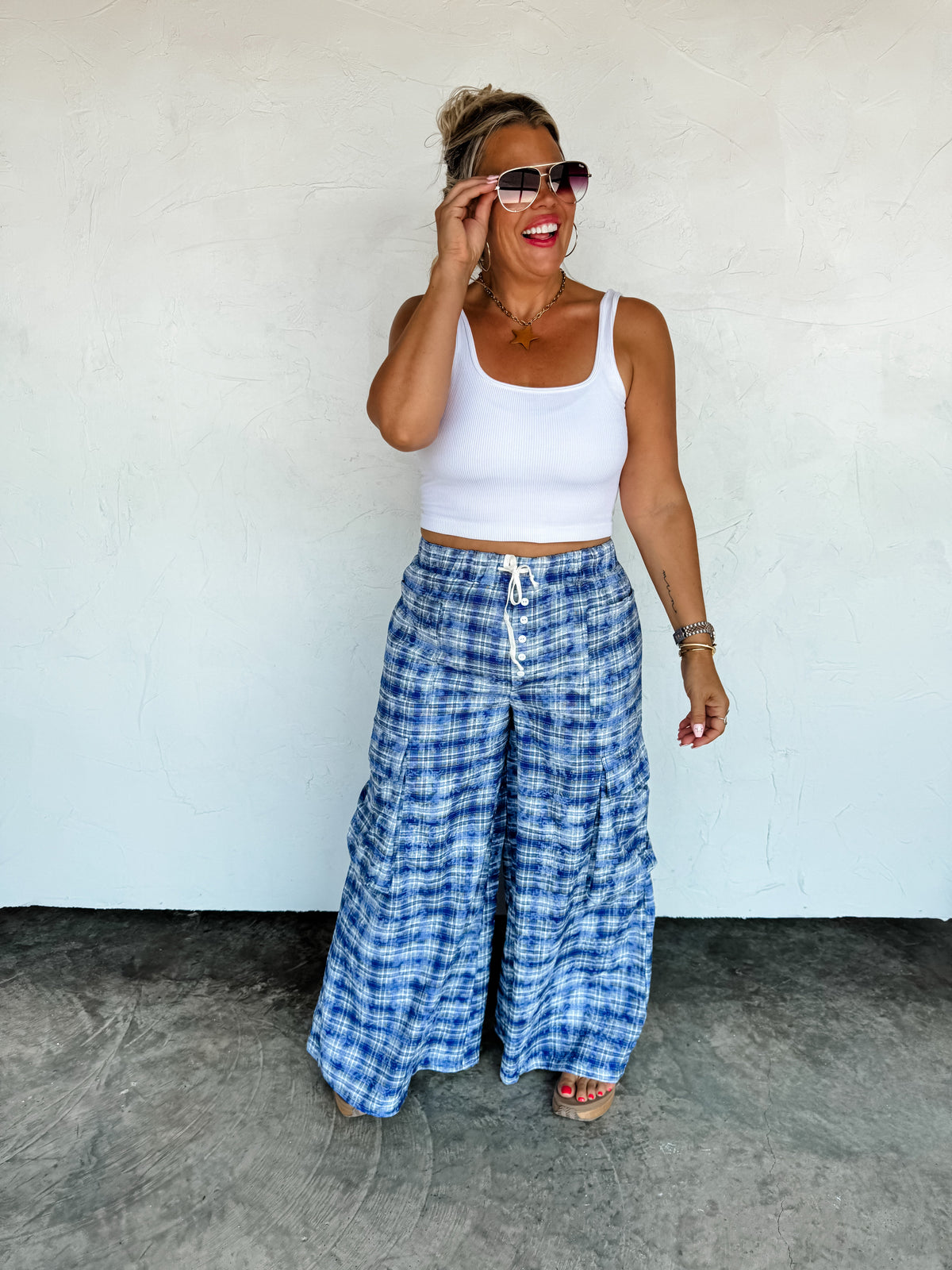 PLAID BEHAVIOR WIDE LEG PANTS
