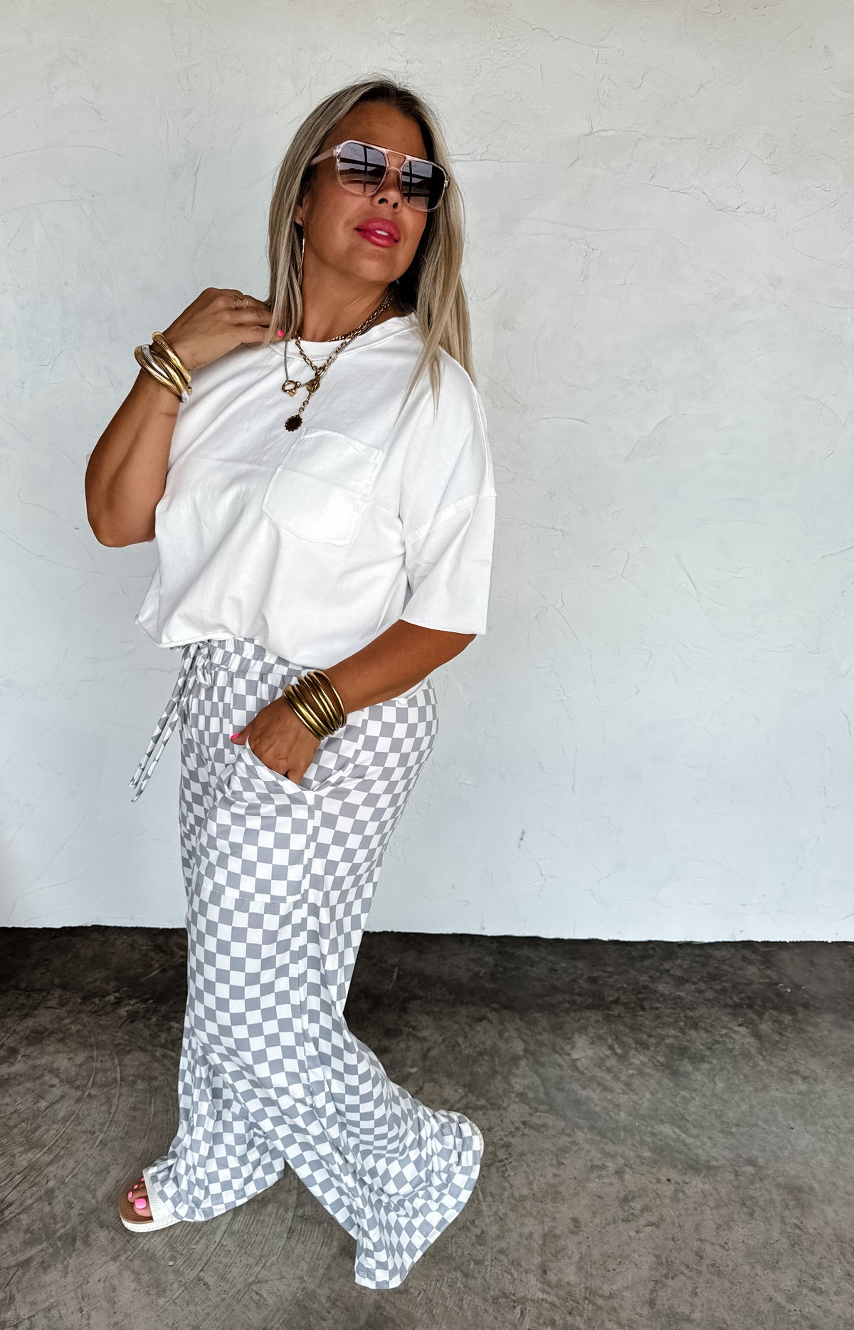 HADDIE  WIDE LEG CHECKER PANTS