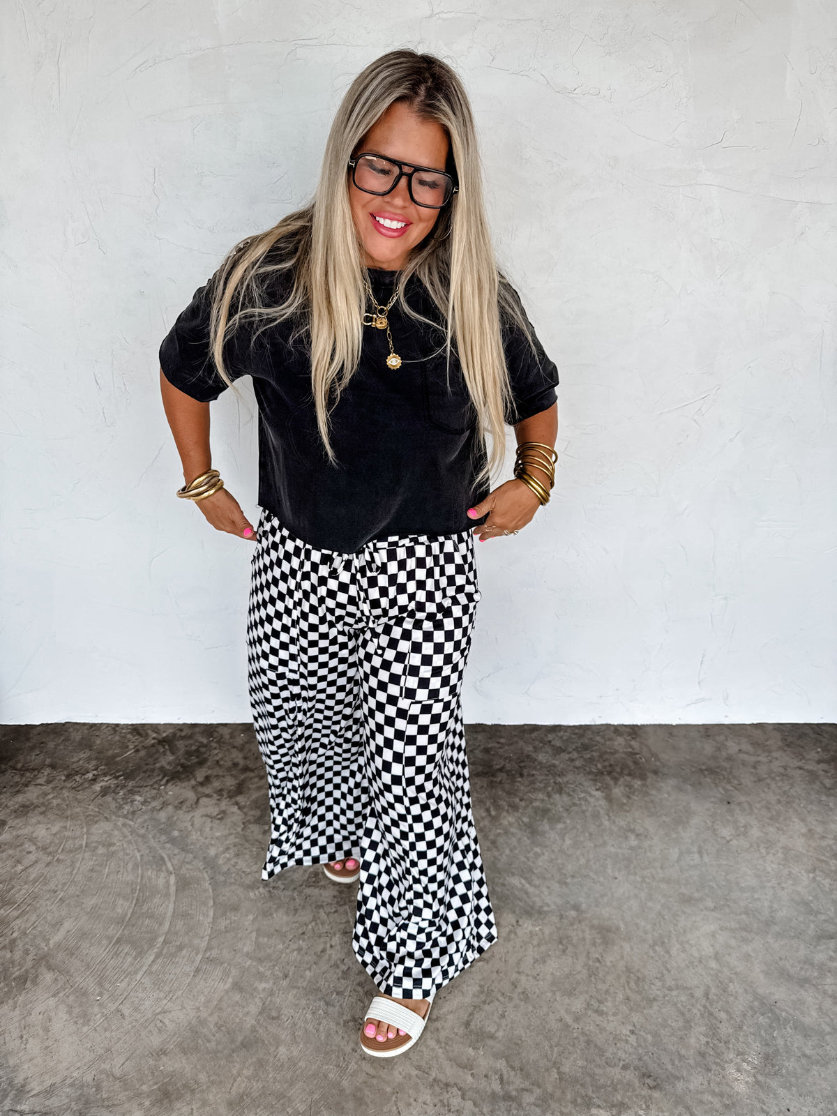 HADDIE  WIDE LEG CHECKER PANTS