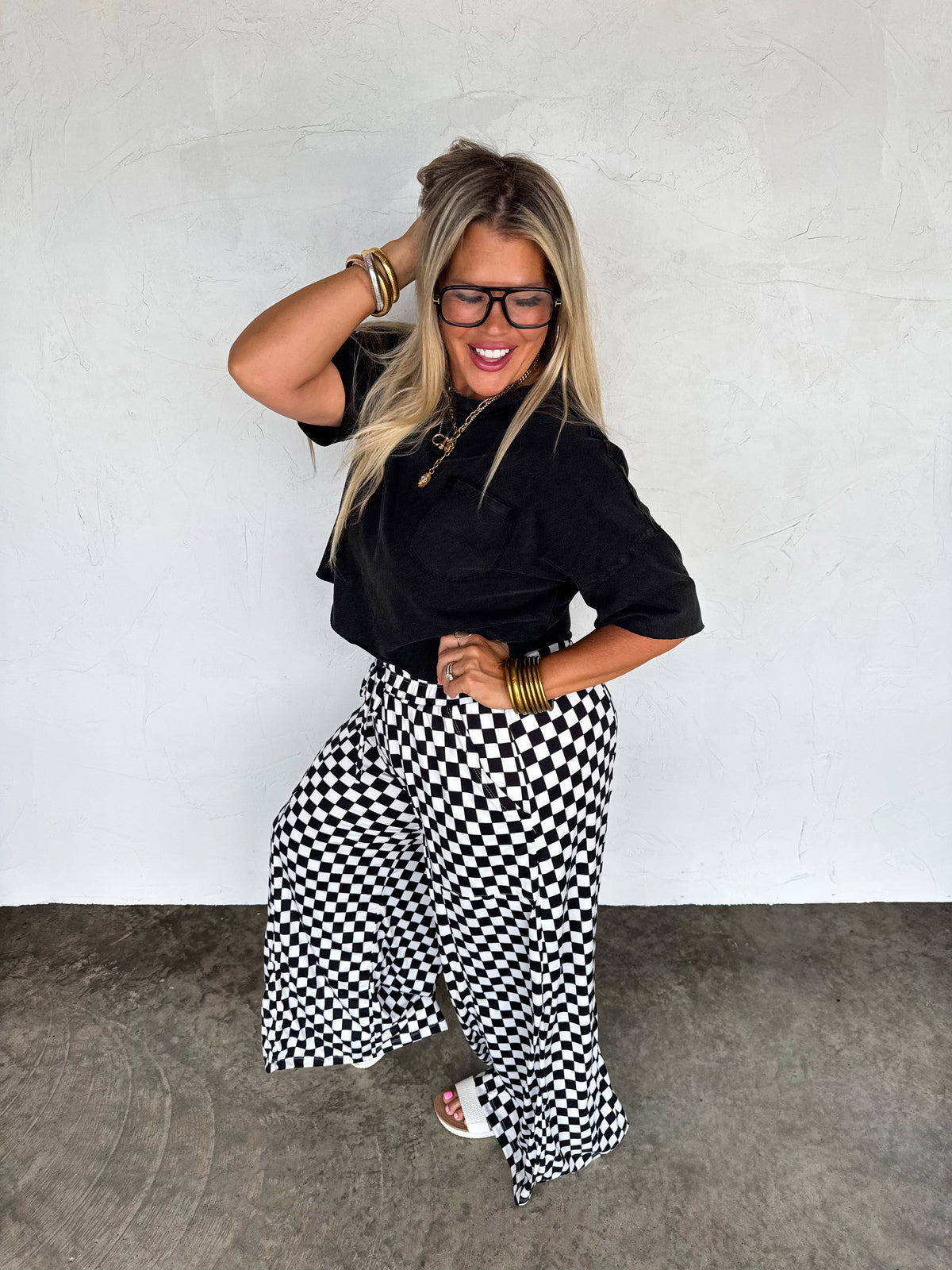 HADDIE  WIDE LEG CHECKER PANTS