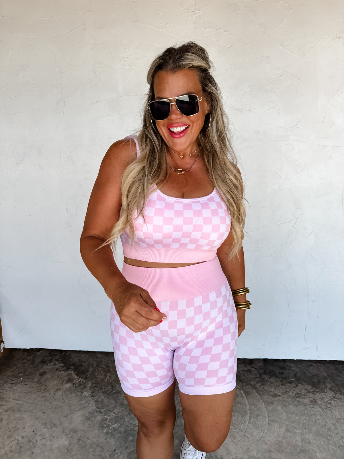 CHECKER BRA & BIKER SHORT SET