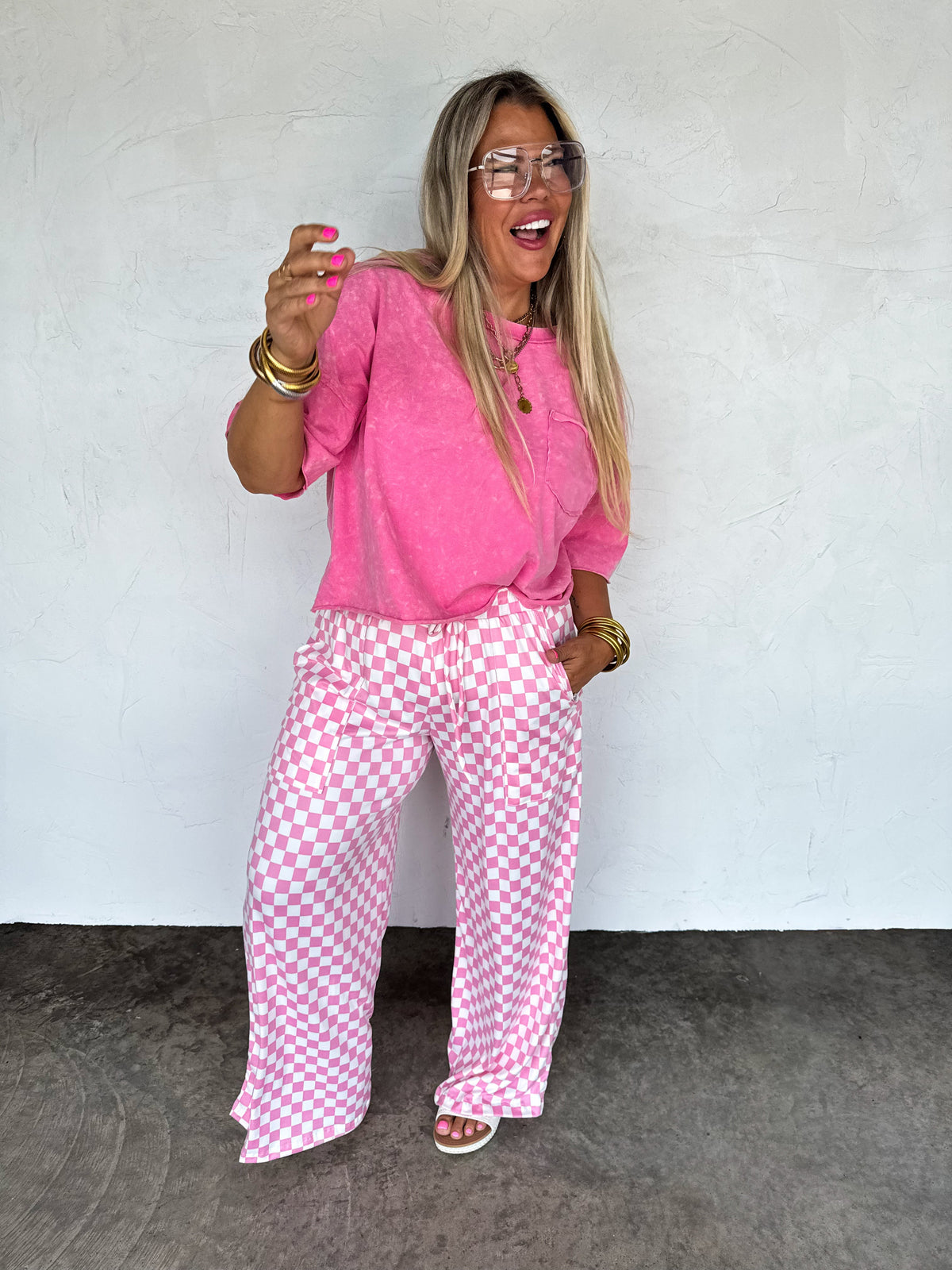 HADDIE  WIDE LEG CHECKER PANTS